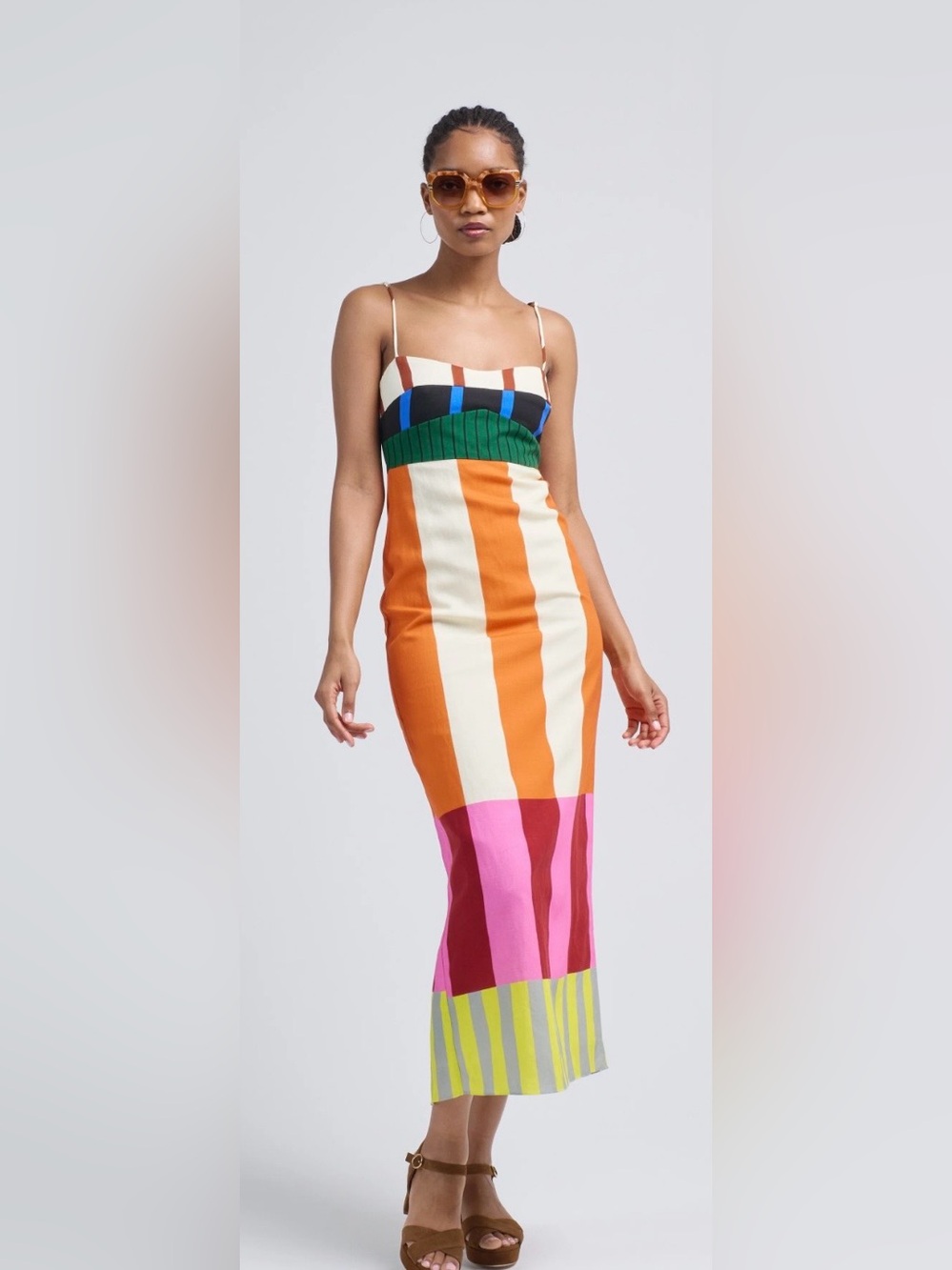 Multicolor Stripe Midi/Spaghetti Straps- Sz L- Printed Design- like Paloma Dres